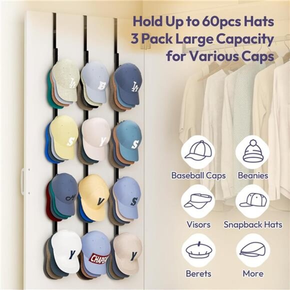 Over door hat rack organizer hanging cap holder metal storage with 12 hooks set - Picture 5 of 7